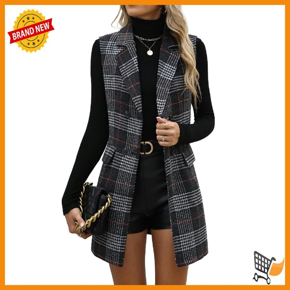 Women's Long Plaid Vest Sleeveless Double Breasted Blazer Jacket with Pockets